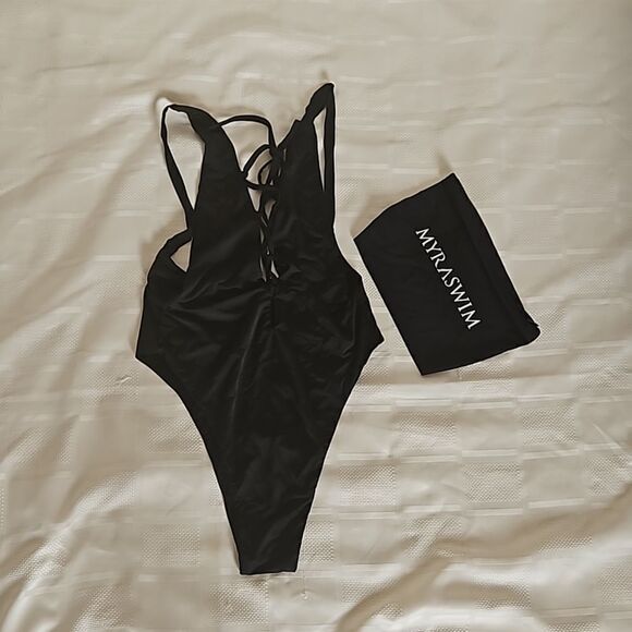 Myra Swim One Piece Bathing Suit Lace-Up, Low Back Black Small - Picture 10 of 16